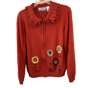Vintage Alfred Dunner Cottagecore Orange Zip Up Cardigan Flower Petite L